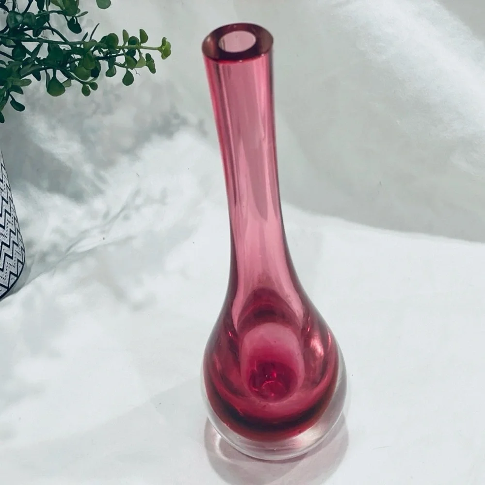 Vintage Murano Summerso Blown Glass Teardrop Bud Vase | Cranberry | Magenta |GUC